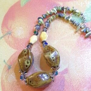 Artisan Green Opal Stones, Aurora Borealis, Large Ceramic Beads Necklace